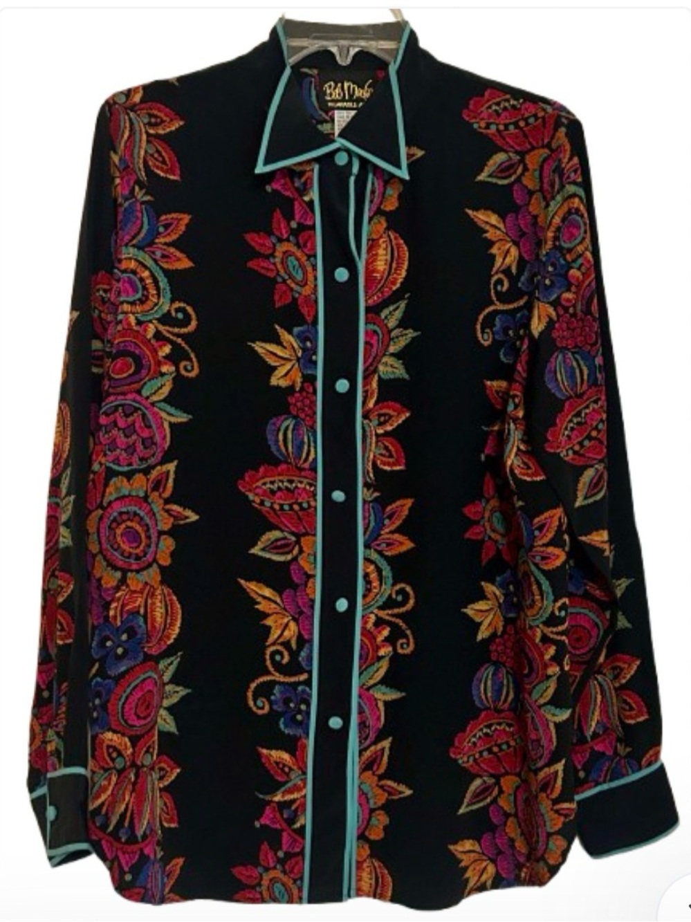 Bob Mackie Wearable Art 100% Silk Black Multi Floral-Print Button Down Shirt M